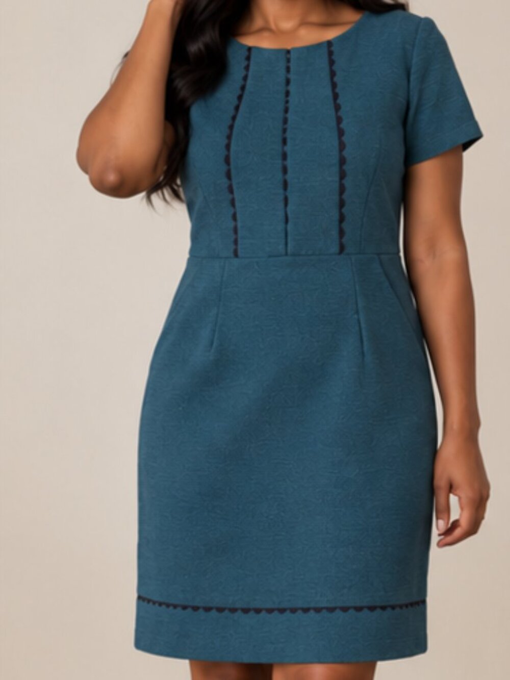 Boden Teal Textured Short Sleeve Shift Dress Pockets Size US 12 Long